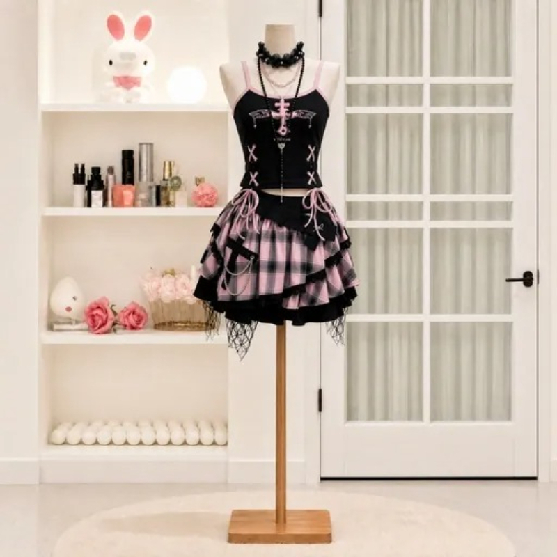 Cami Top Lace - Set Rok Vintage Y2K Gaya Dark